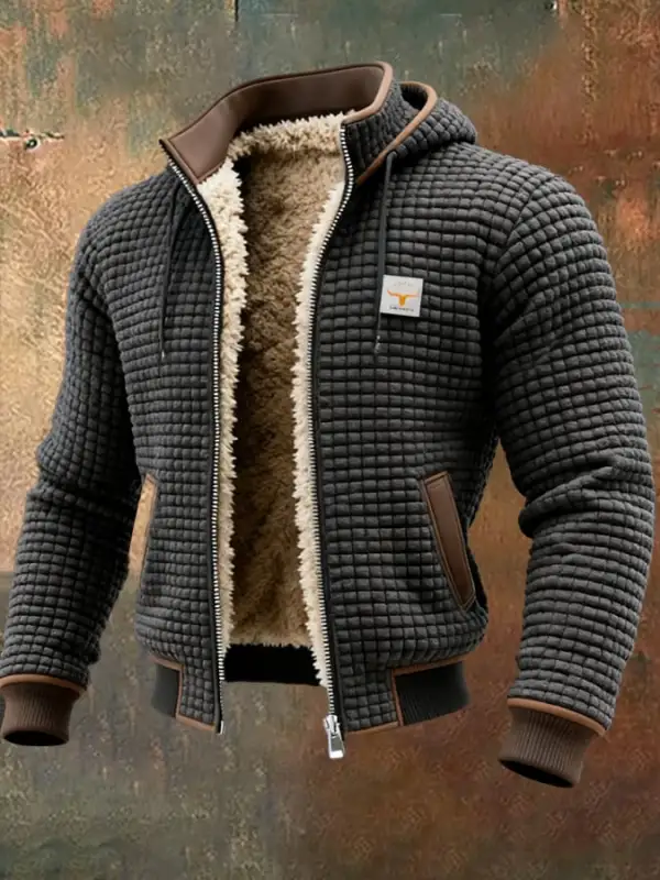 Men's Retro Textured Square Check Double Collar Warm Multi-pocket Outdoor Jacket