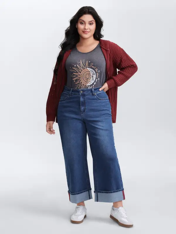 Rolled Cuffs Webbed Wide-Leg Jeans