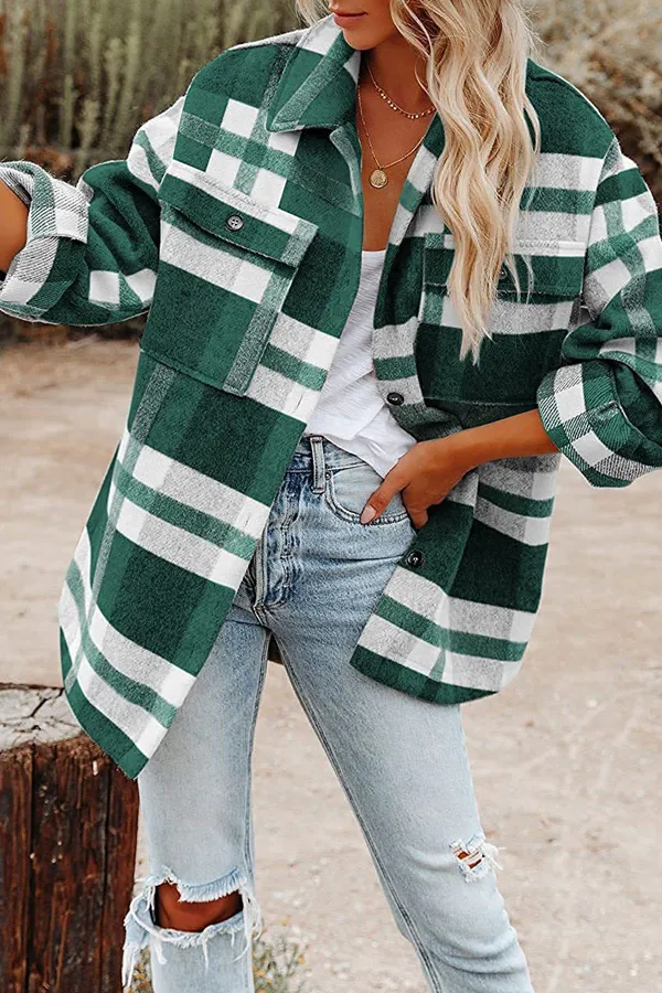 Vintage Plaid Pattern Pocket Design Shirt Coat