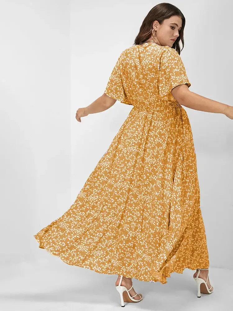 Bloom Dress - Flutter Sleeve Ditsy Floral Pocket Split Maxi Dress