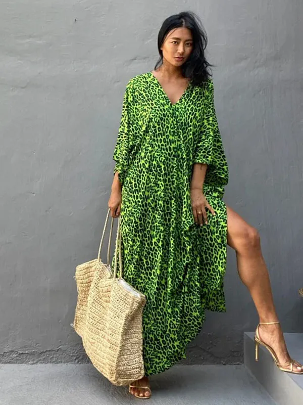 Green Leopard V-Neck Split-Side Batwing Sleeves Maxi Dress