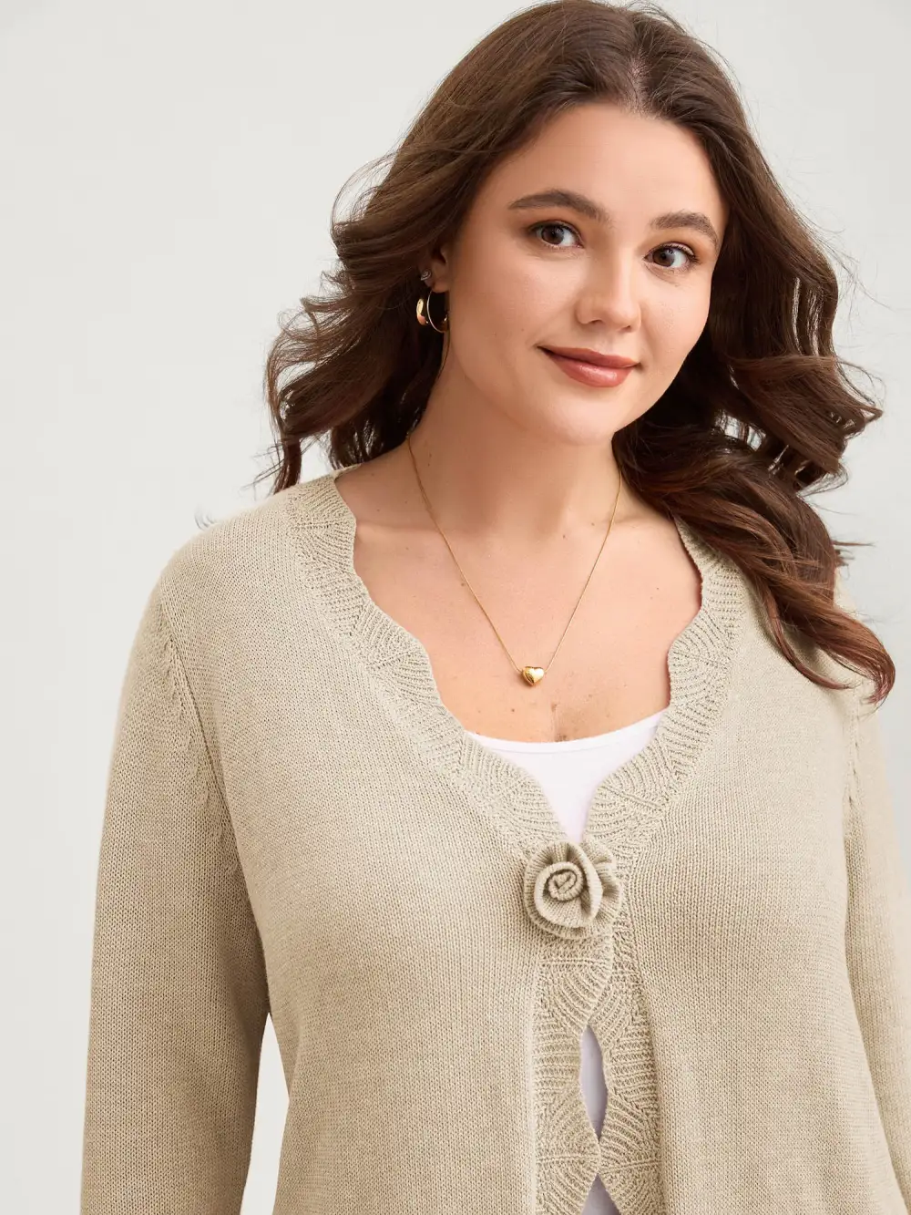 Supersoft Textured Floral Button Ruffled Hem Knit Cardigan