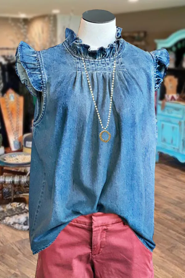 Classic Denim Pleated Ruffle Sleeve Top