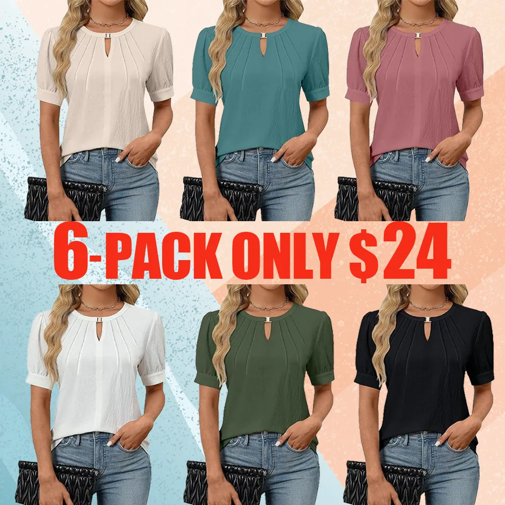 Women's Dressy Keyhole Blouse – Puff Sleeve Pleated Top for Work or Casual Wear