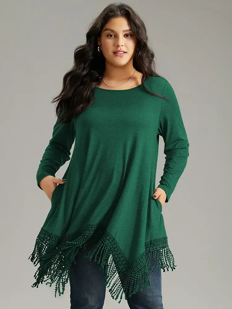 Solid Tassels Trim Pocket Asymmetrical Hem T-Shirt