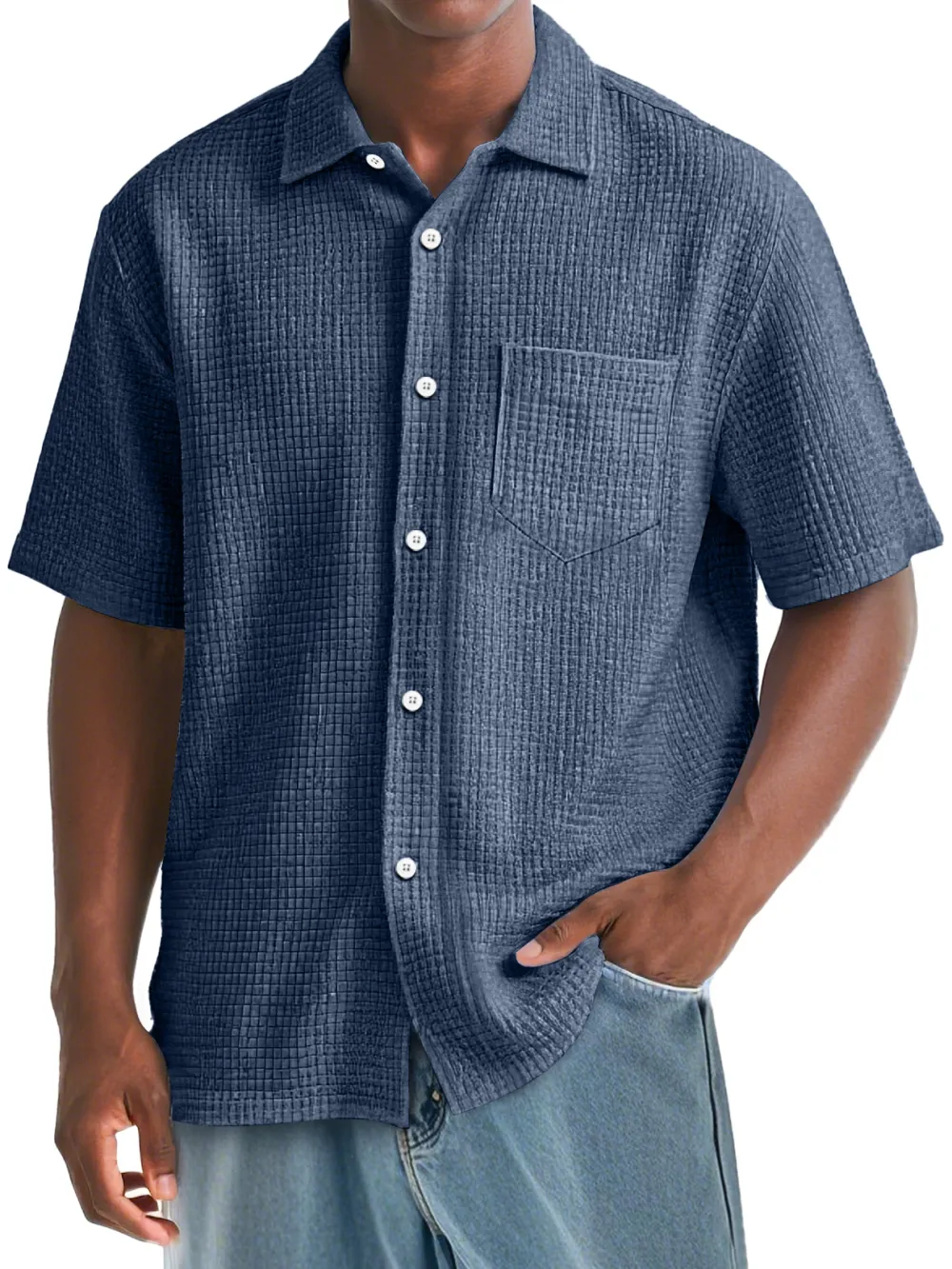 Men's Daily Waffle Texture Casual Pocket Comfort Short Sleeve Shirt