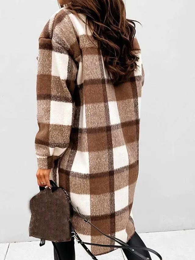 Women's Wool Blend Coat Winter Plaid Shacket Jacket Fall Long Pea Coat with Pockets Single Breasted Over Coat Trench Coat Gray Khaki Brown Modern Street S M L XL XXL / Winter
