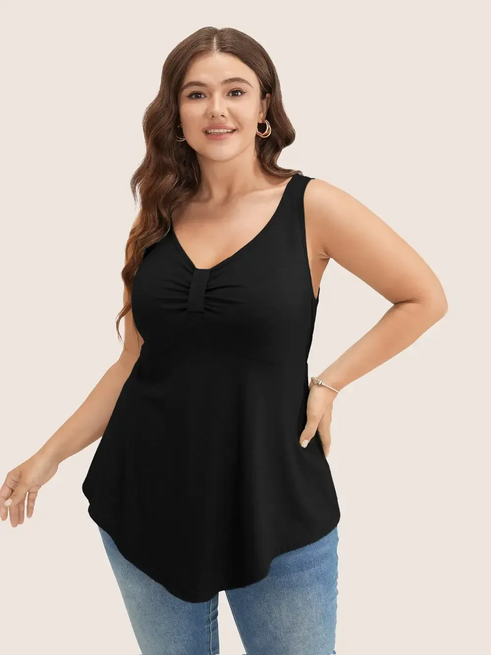 Solid Ruched Detail Asymmetrical Hem Tank Top