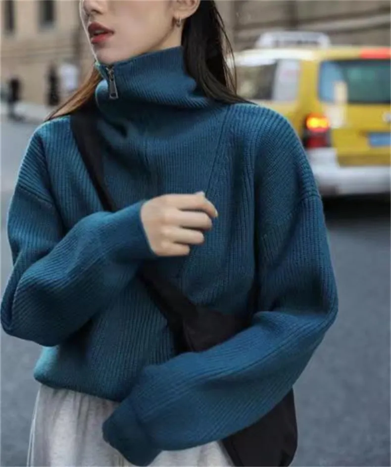 Two Wear Half Zip Large Lapel Soft Waxy Sweater