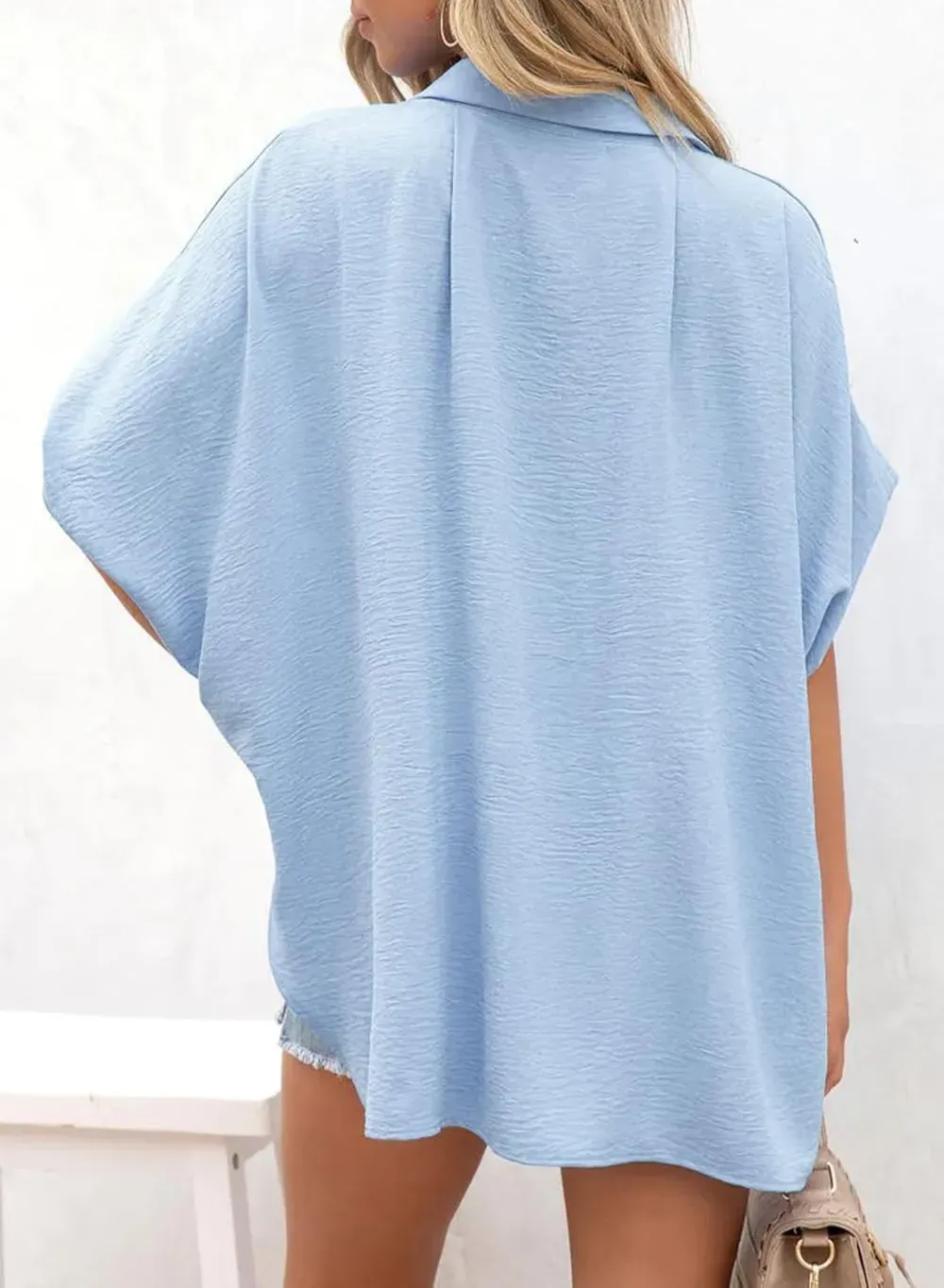 ✨Women's Casual Button Short Sleeve Slit Hem Shirt Solid Color Tops