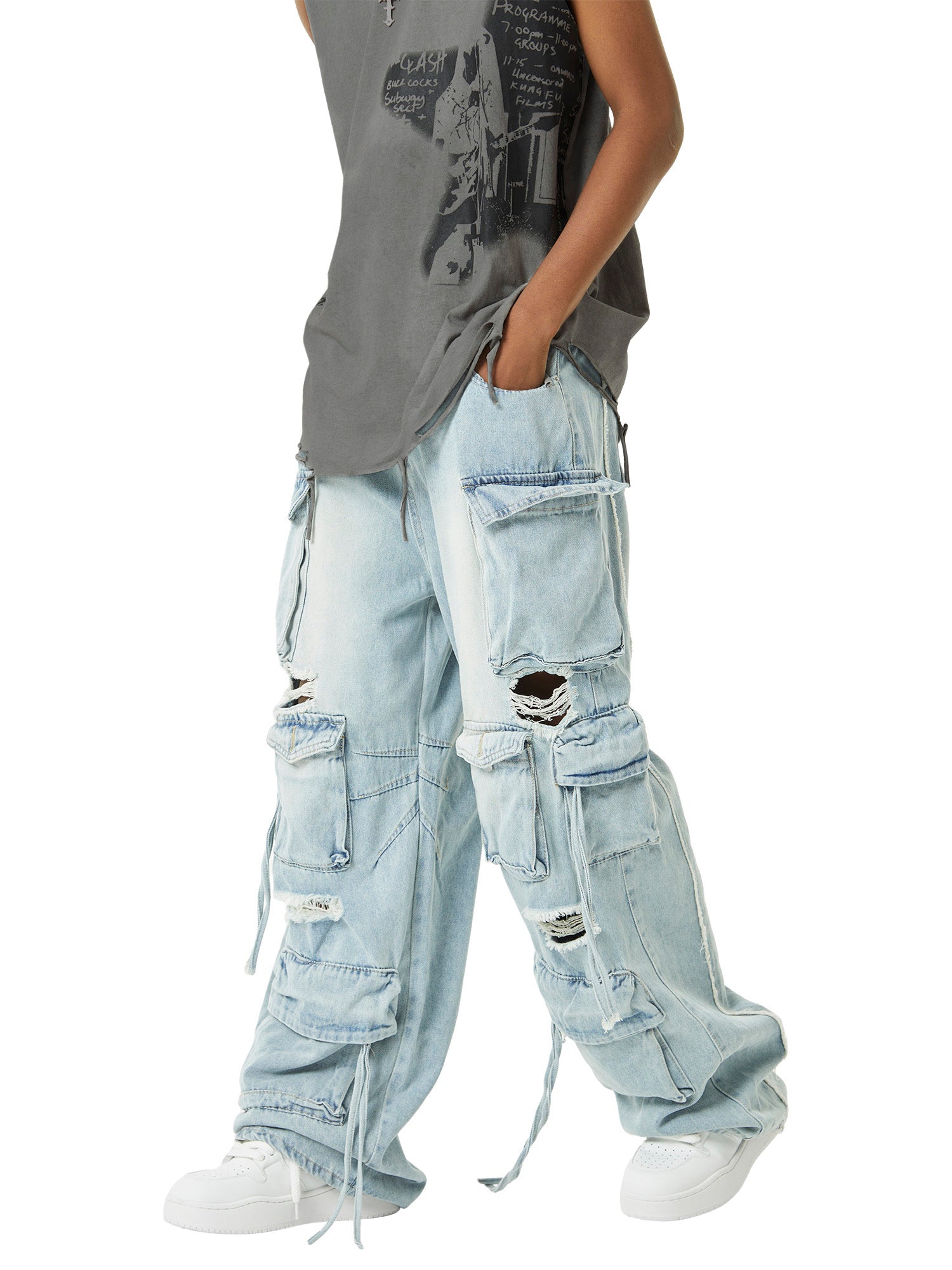 Washed Multi-pocket Work Cargo Jeans - 1830