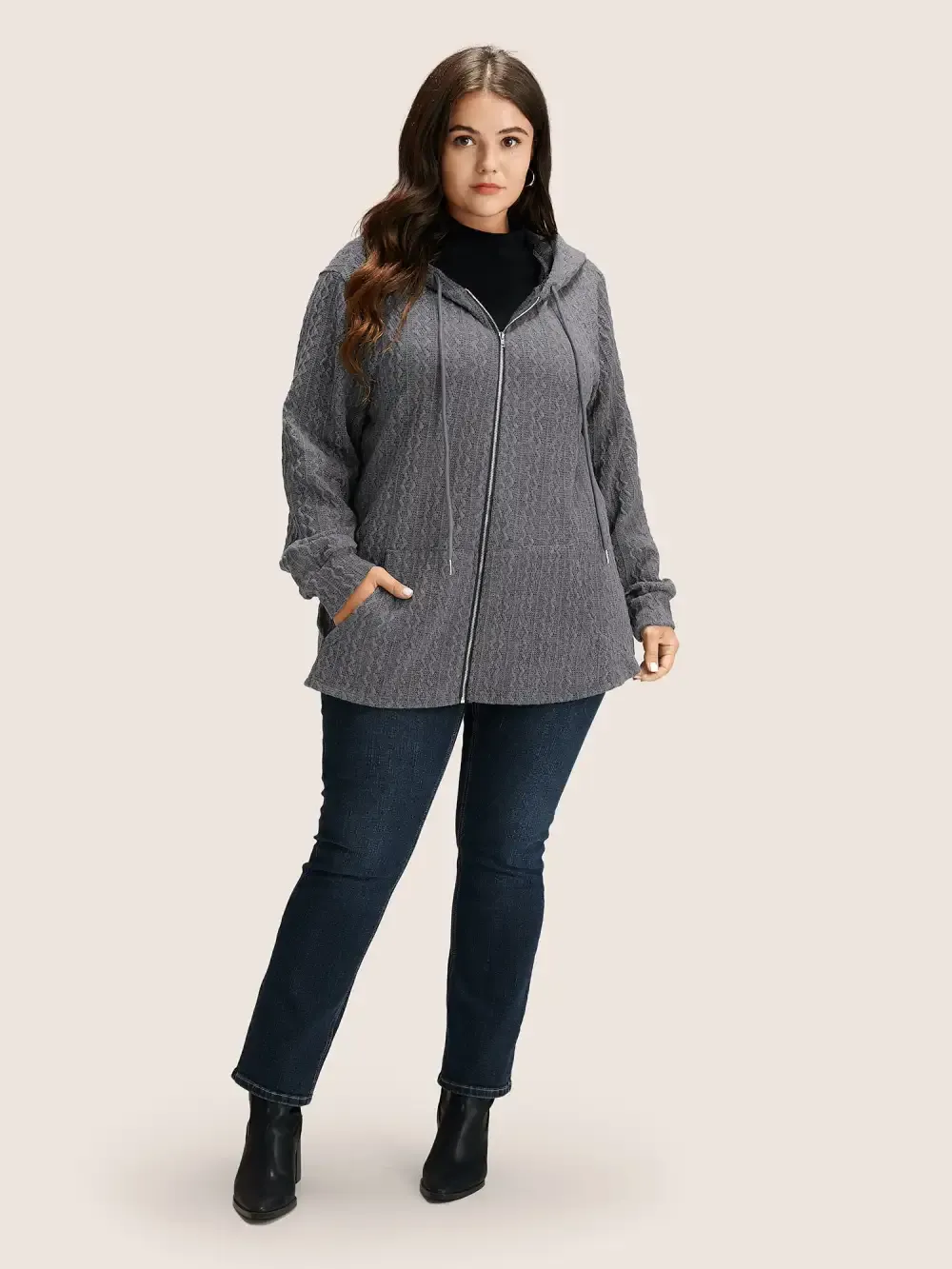 Plain Textured Zipper Hooded Sweatshirt