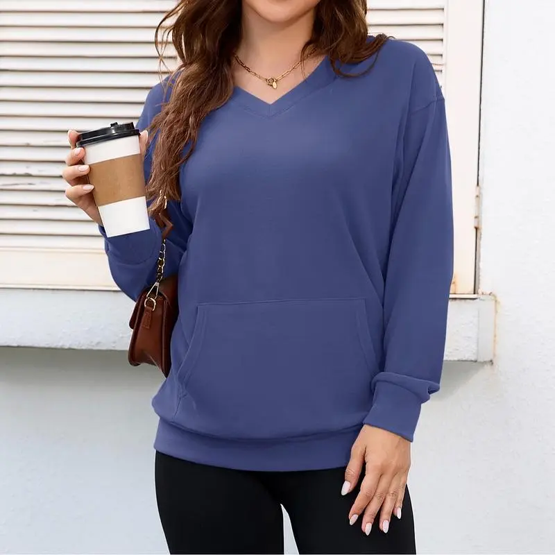 Women's Hoodless V-neck Sweatshirt With Kangaroo Pocket Fleece Longsleeve Oversized Casual Style Shirt