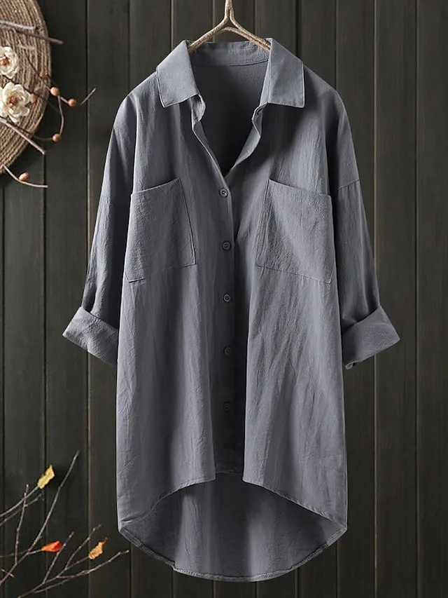 Women's Shirt Blouse Cotton Black White Blue Solid Color Button Pocket 3/4 Length Sleeve Work Daily Streetwear Daily Basic Shirt Collar Regular Fit Spring Fall Fall & Winter