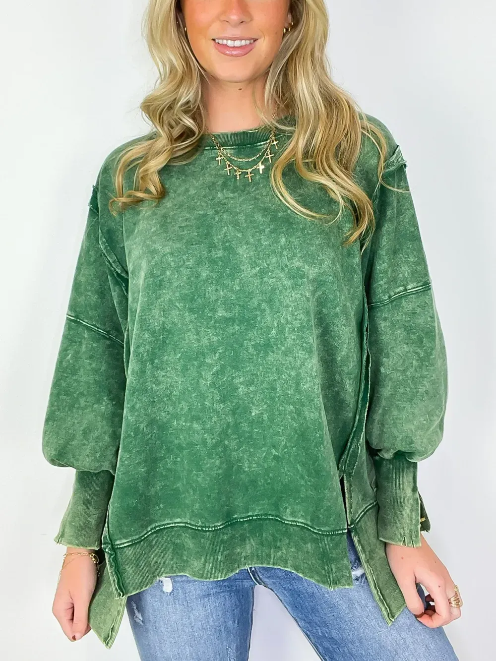 ✨Womens Acid Wash Split Cuff Oversized Crew Pullover