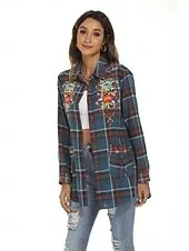 Women's Boho Shirt Floral Plaid Flower Casual Boho Long Sleeve Bishop Sleeve Shirt Collar Regular Tops Valentine's Day Work Daily Embroidered Blue Spring, Fall, Winter, Summer