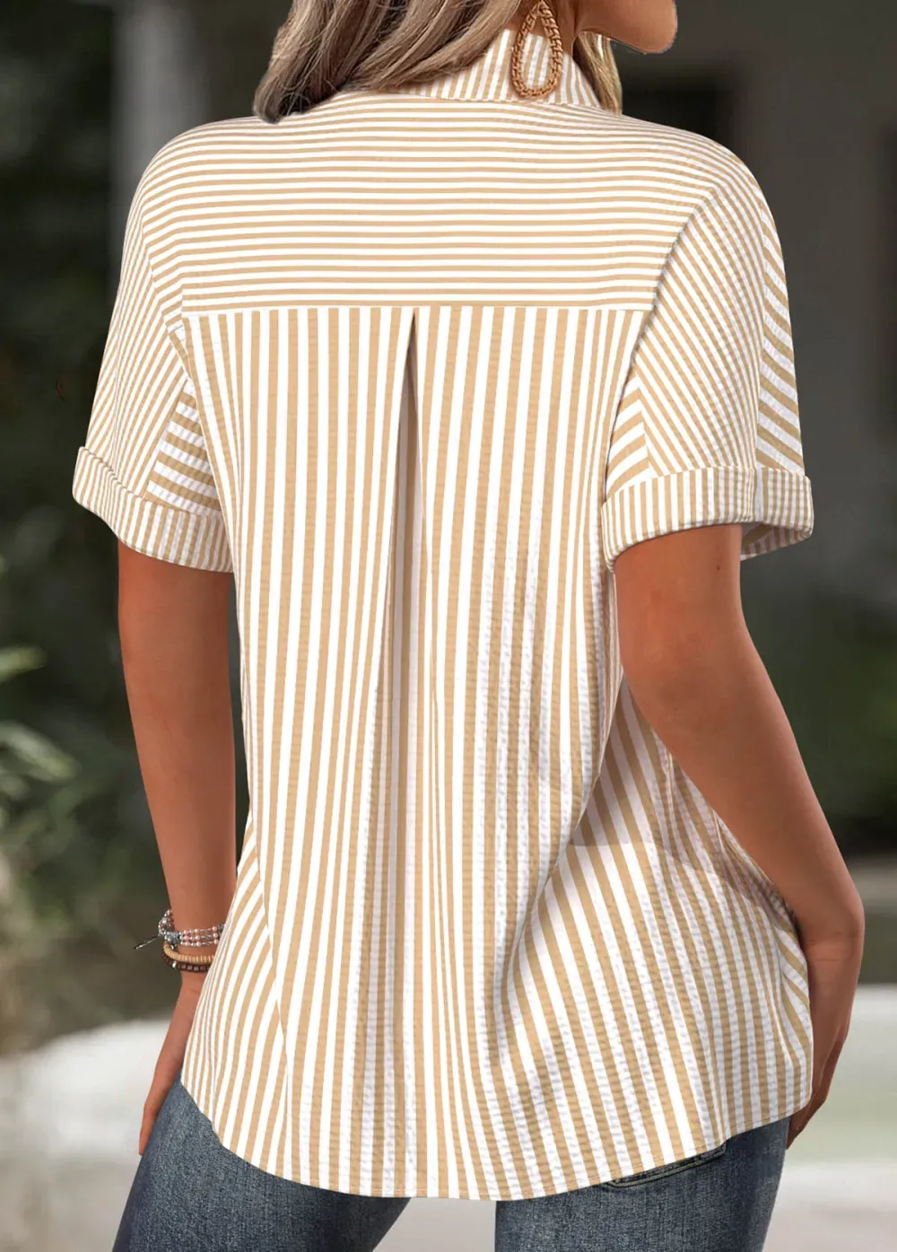Light Camel Striped Short Sleeve Shirt