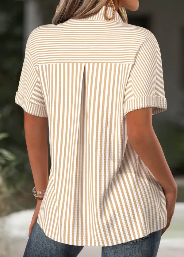 Light Camel Striped Short Sleeve Shirt