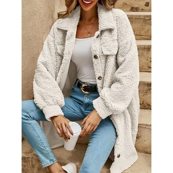 Women's Sherpa Jacket Comfortable Breathable Pocket Buttons Casual Plain Vacation Street Casual Daily Wear Single Breasted Long Turndown Loose Fit Long Sleeve Outerwear Black White Red Spring Fall