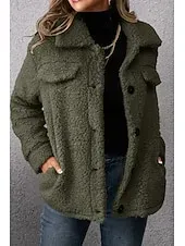 Women's Sherpa Jacket Comfortable Breathable Pocket Buttons Casual Plain Vacation Street Casual Daily Wear Single Breasted Short Turndown Regular Fit Long Sleeve Outerwear Khaki Army Green Dark Gray