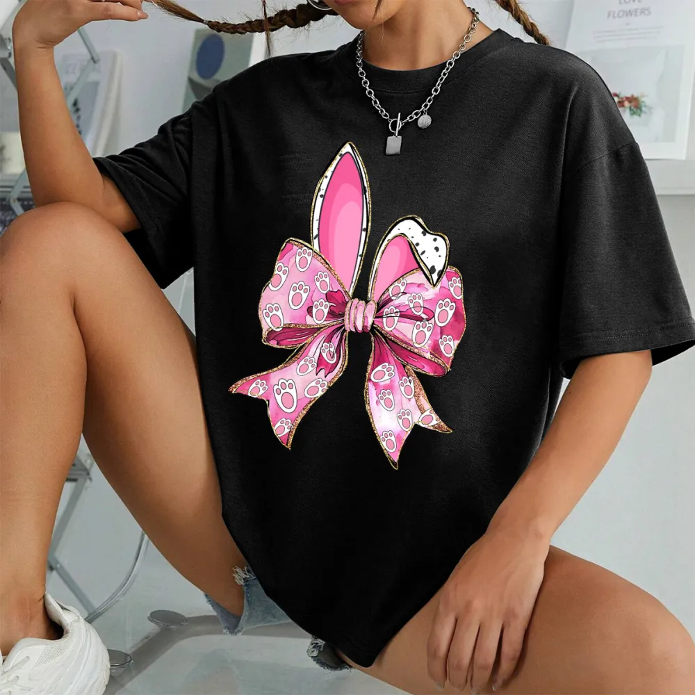 Easter Bunny Footprints Ears Bow Printed Round Neck Short Sleeve T-Shirt