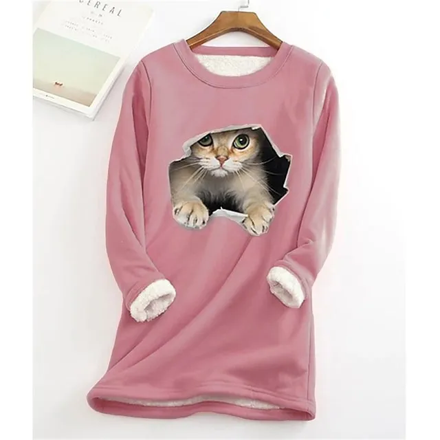 Women's Plus Size Sweatshirt Pullover Cat Teddy Sherpa Fleece Denim Blue Black White Street Casual Round Neck Long Sleeve Top Micro-elastic Fall & Winter