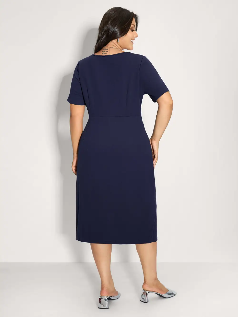 Pleated Tummy-Friendly Metal Detail Midi Dress