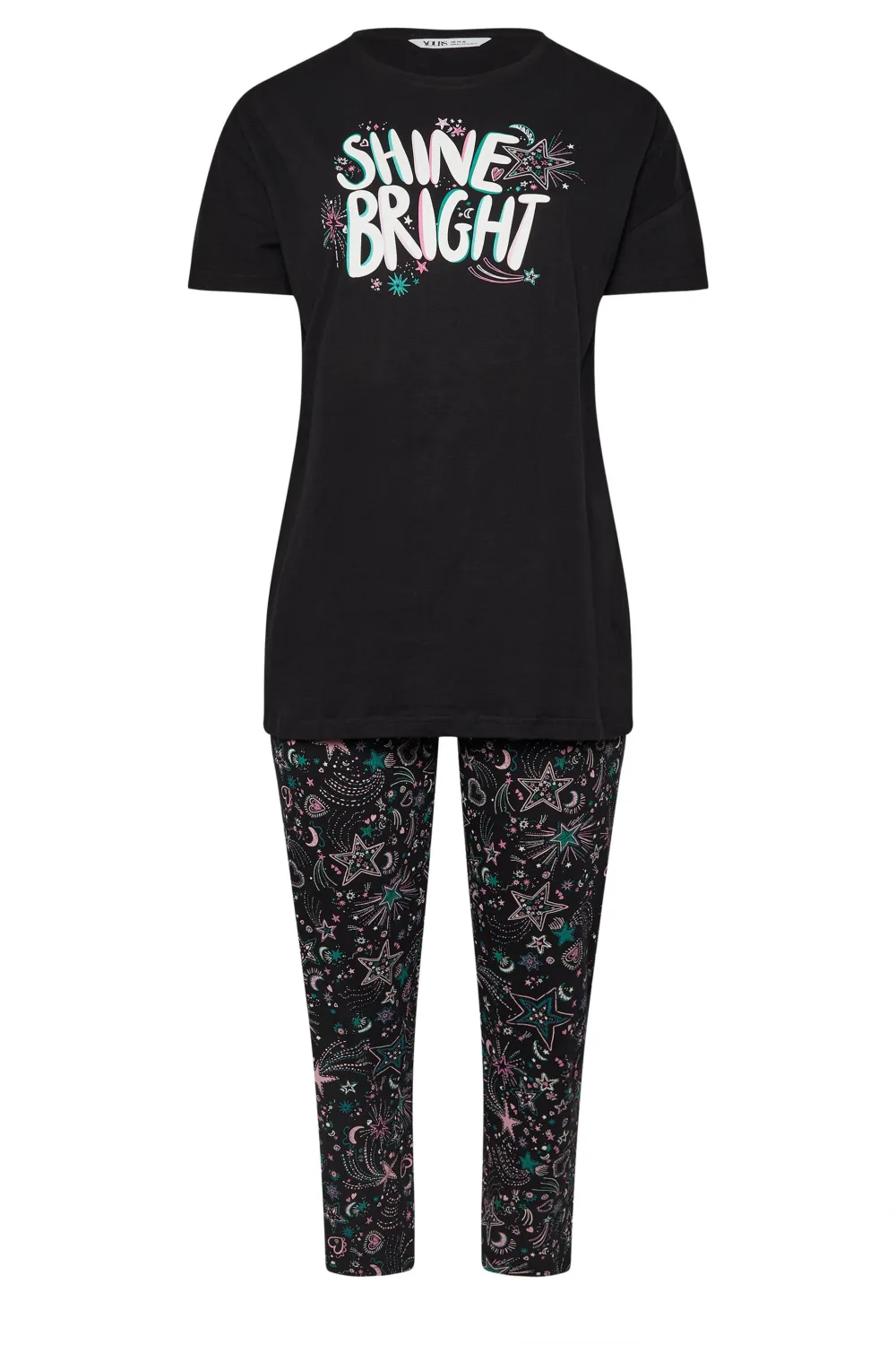 YOURS Curve Black 'Shine Bright' Wide Leg Pyjama Set