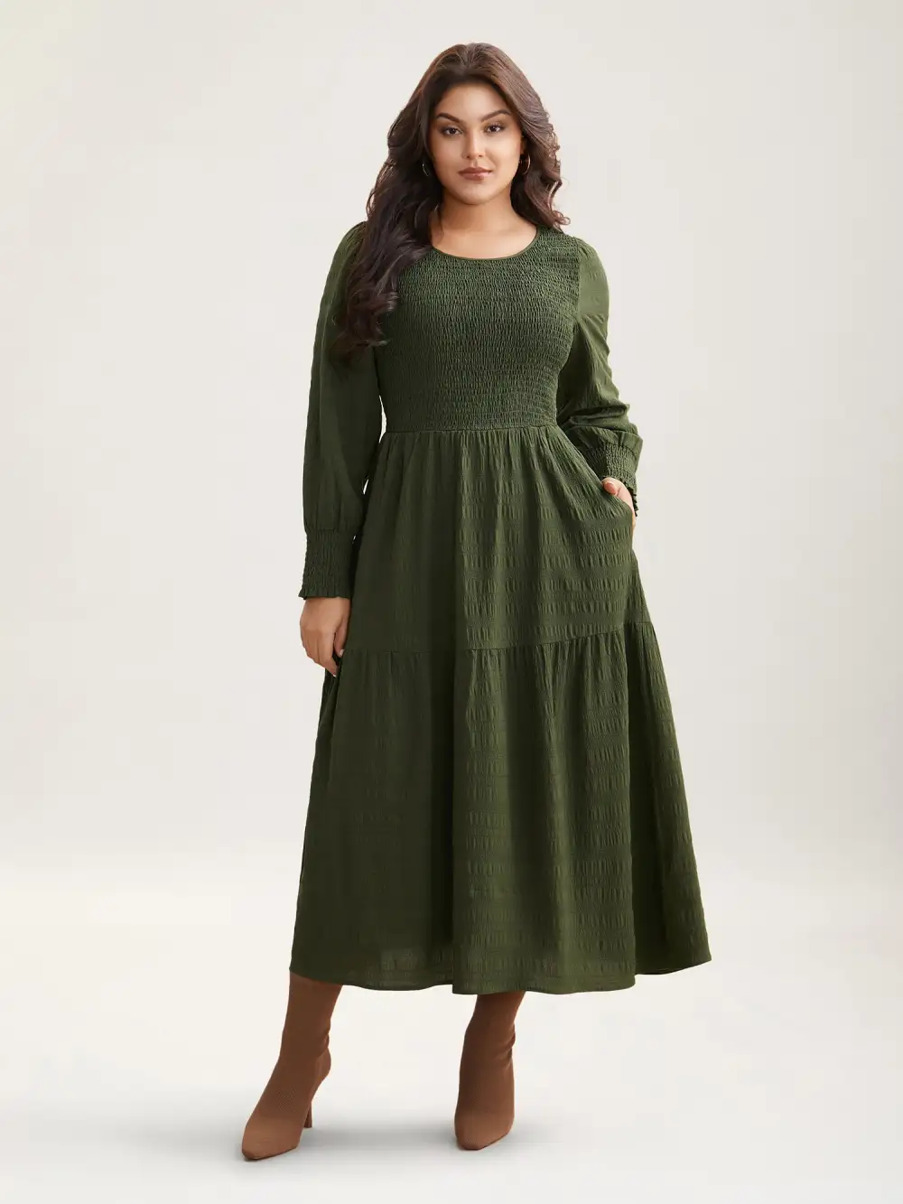 Plain Textured Shirred Midi Dress