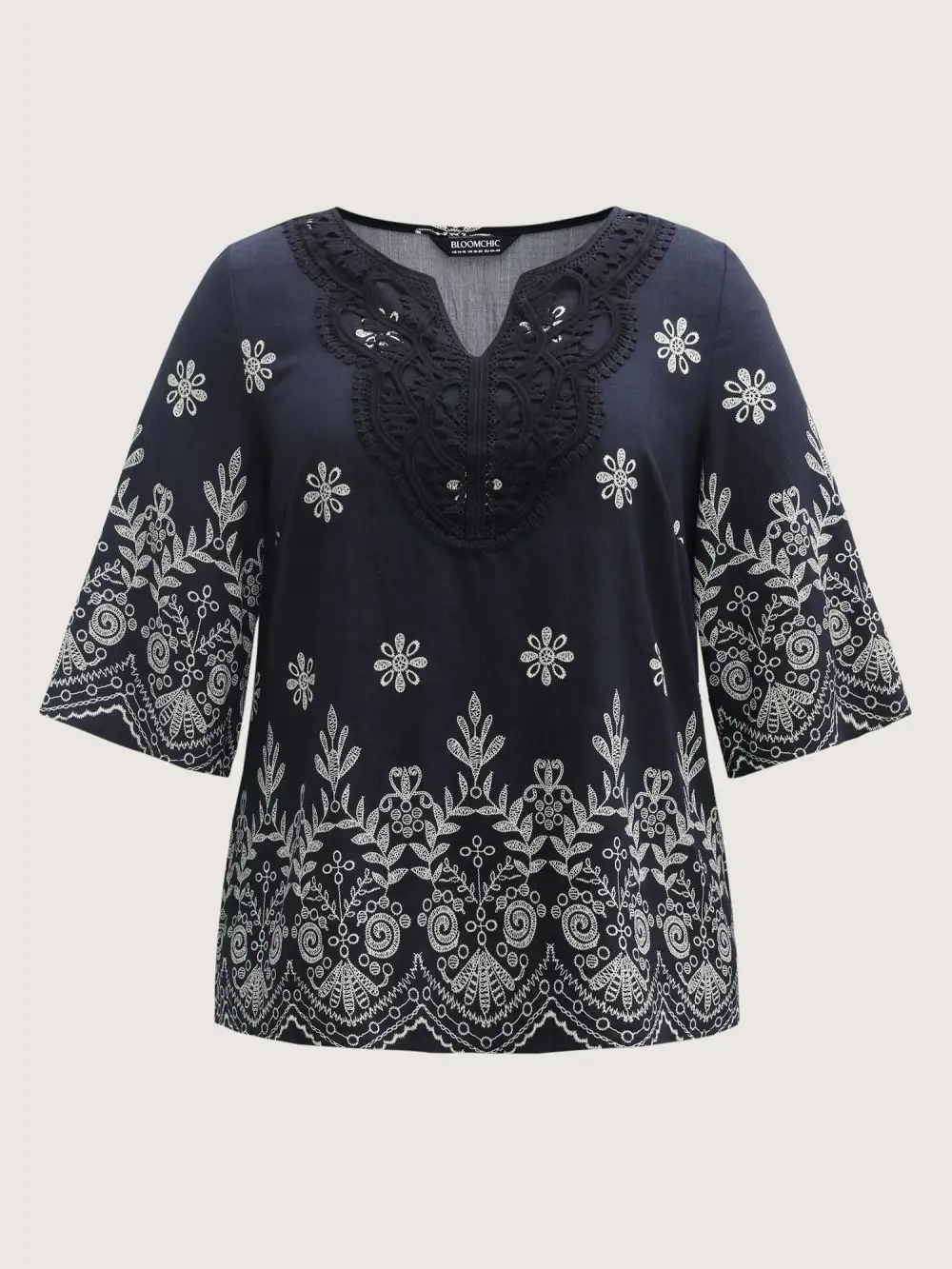 Boho Print Lace Neck Blouse