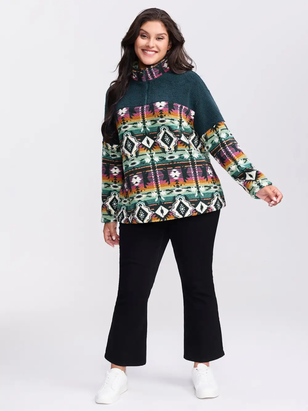 Boho Print Zipper Front Sweatshirt