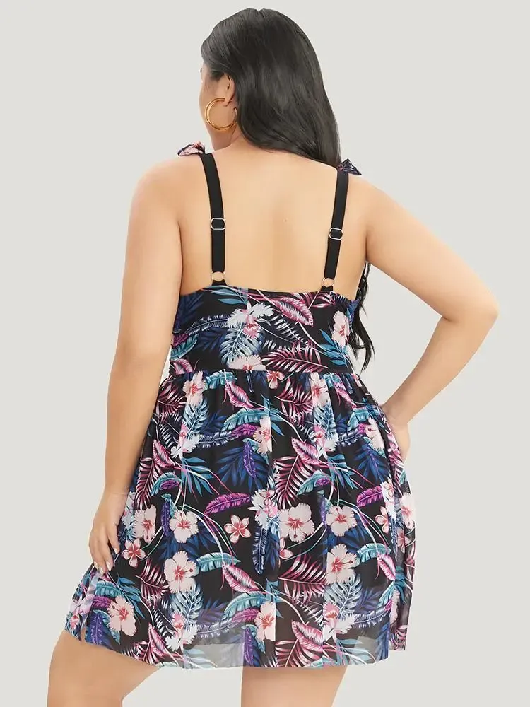 Tropical Print Bow Sculpt Waist Split Swim Dress