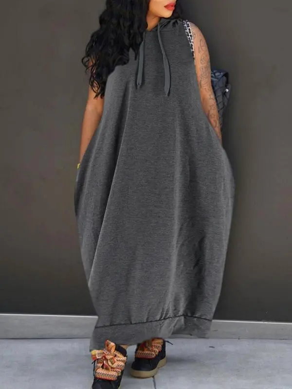 Women's Hooded Tank Maxi Dress – Sleeveless, Drawstring Waist, Pockets, Casual Summer Style