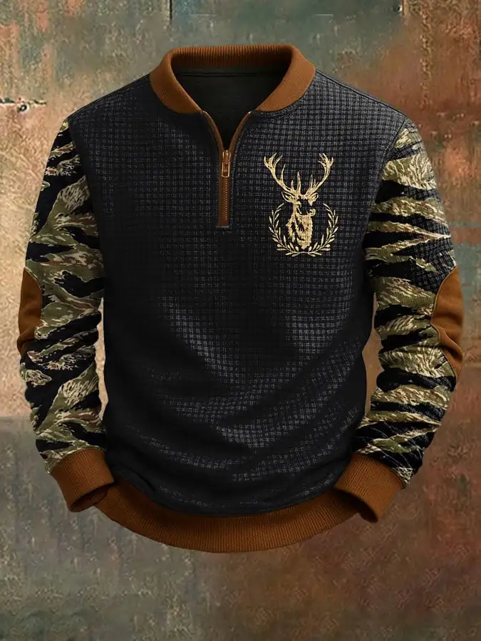 Men's Vintage Western Elk Print Jacquard Zip-Up Sweatshirt
