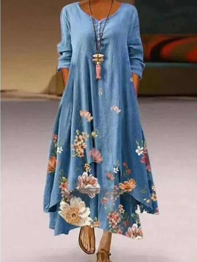 Women‘s Long Dress Maxi Dress White Yellow Pink Long Sleeve Floral Print Summer Spring Fall Crew Neck Summer Dress Regular Fit 2023 S M L XL XXL 3XL 4XL 5XL