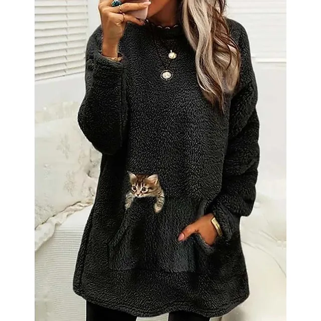 Women's Sweatshirt Pullover Fleece Sports Sherpa Fleece Teddy Front Pocket Light Blue Black Pink Cat Street Casual Round Neck Long Sleeve Top Micro-elastic Fall & Winter