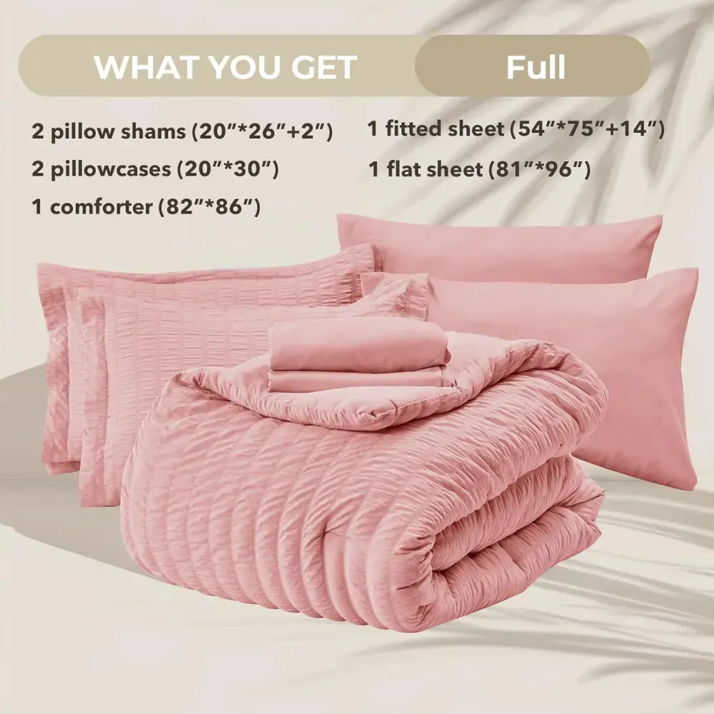 Queen Comforter Set Seersucker 7 Pieces, All Season Luxury Bed in a Bag for Bedroom, Bedding Set with Comforters, Sheets, Pillowcases & Shams, Dark Grey