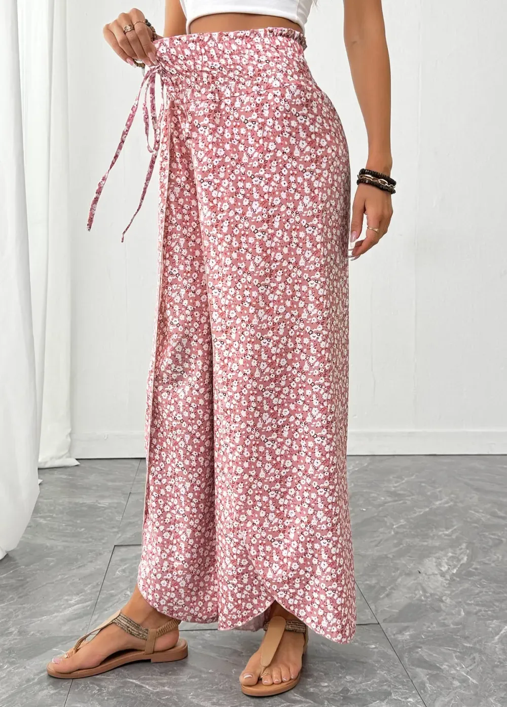 Pink Ditsy Floral Print Wide Leg Elastic Waist Pants