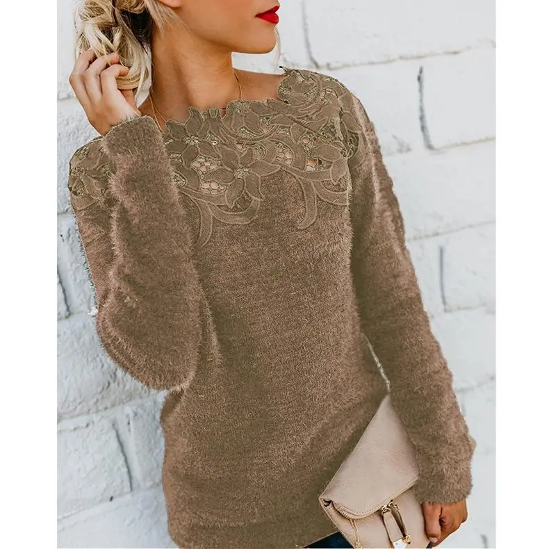Solid Lace Splice Long Sleeve Plush Sweater