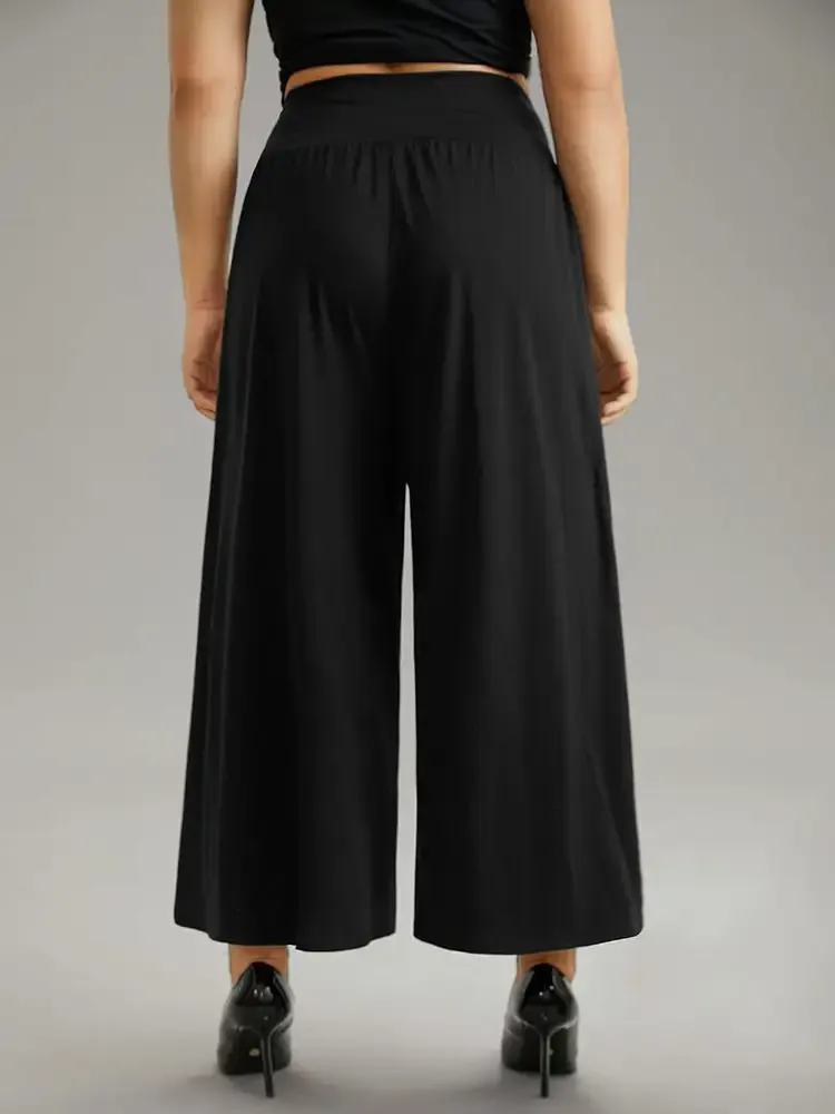 Plain Wrap Hem Wideband Waist Wide Leg Pants