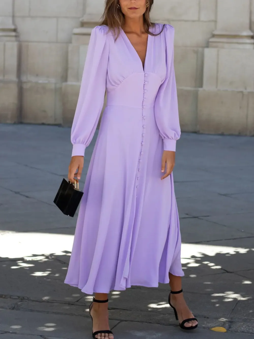 Casual Single Breasted Solid Color Long Sleeve Dress