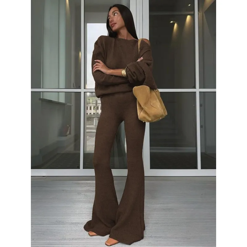 Women's Solid Asymmetrical Neck Top & Flare Leg Pants Set
