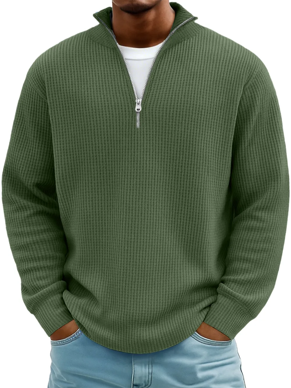 Men's Casual Simple Breathable Fabric Stand Collar Zipper Long Sleeve T-shirt