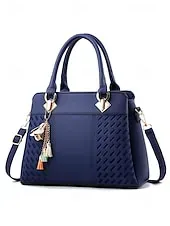 Women's Faux Leather Handbag with Tassel Charm and Textured Panels – Elegant Structured Shoulder Tote Bag for Office Work and Business Travel