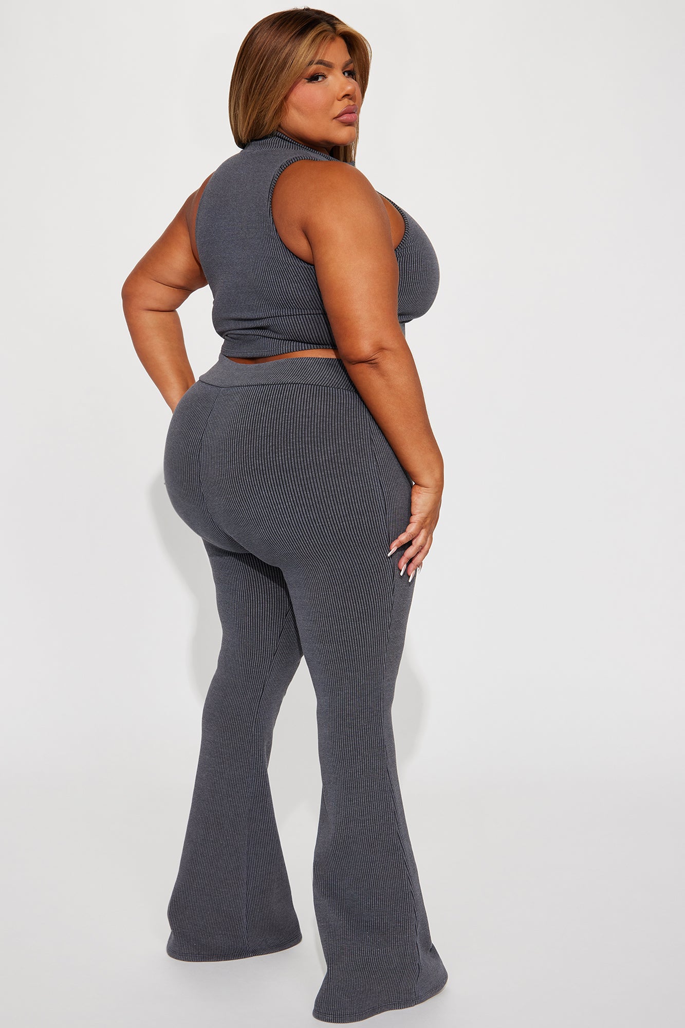 Hard To Reach Ribbed Pant Set - Charcoal