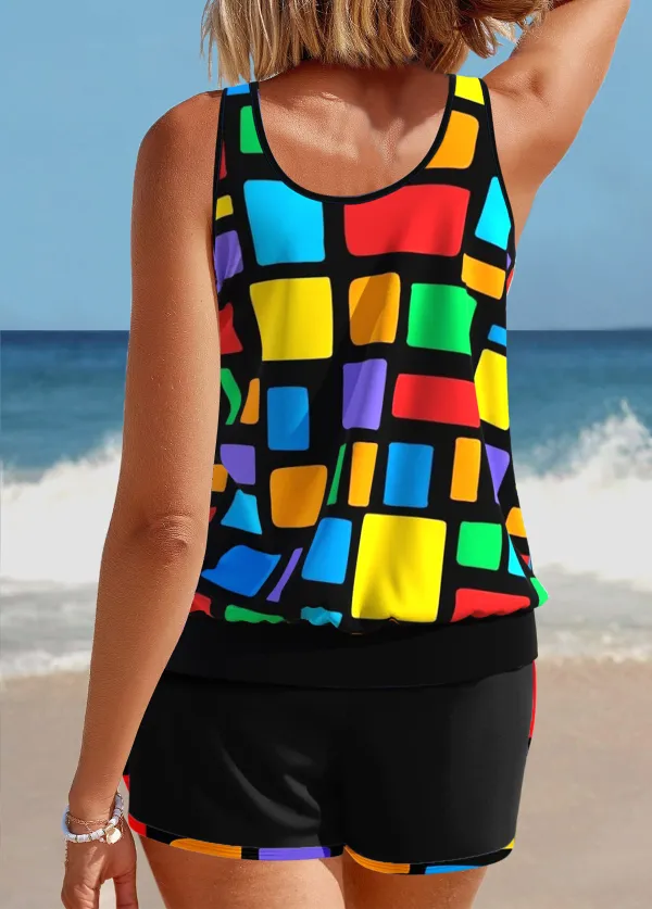 Patchwork Multi Color Geometric Print Tankini Set