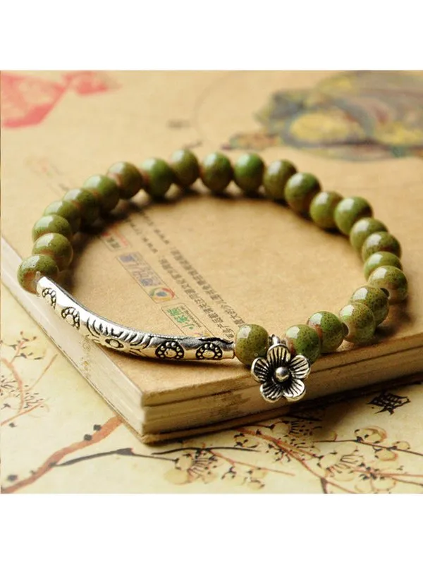 Women's Ethnic Style Flower Glaze Bead Ceramic Bracelet