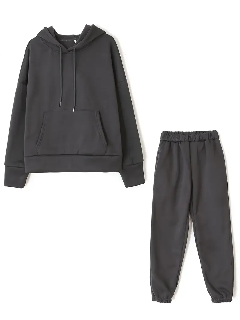 2PCS Oversized Athleisure Set: Solid Hooded Pocket Drawstring Sweatshirts & Sweatpants Sets for Women, Plus Size Comfortable Clothing