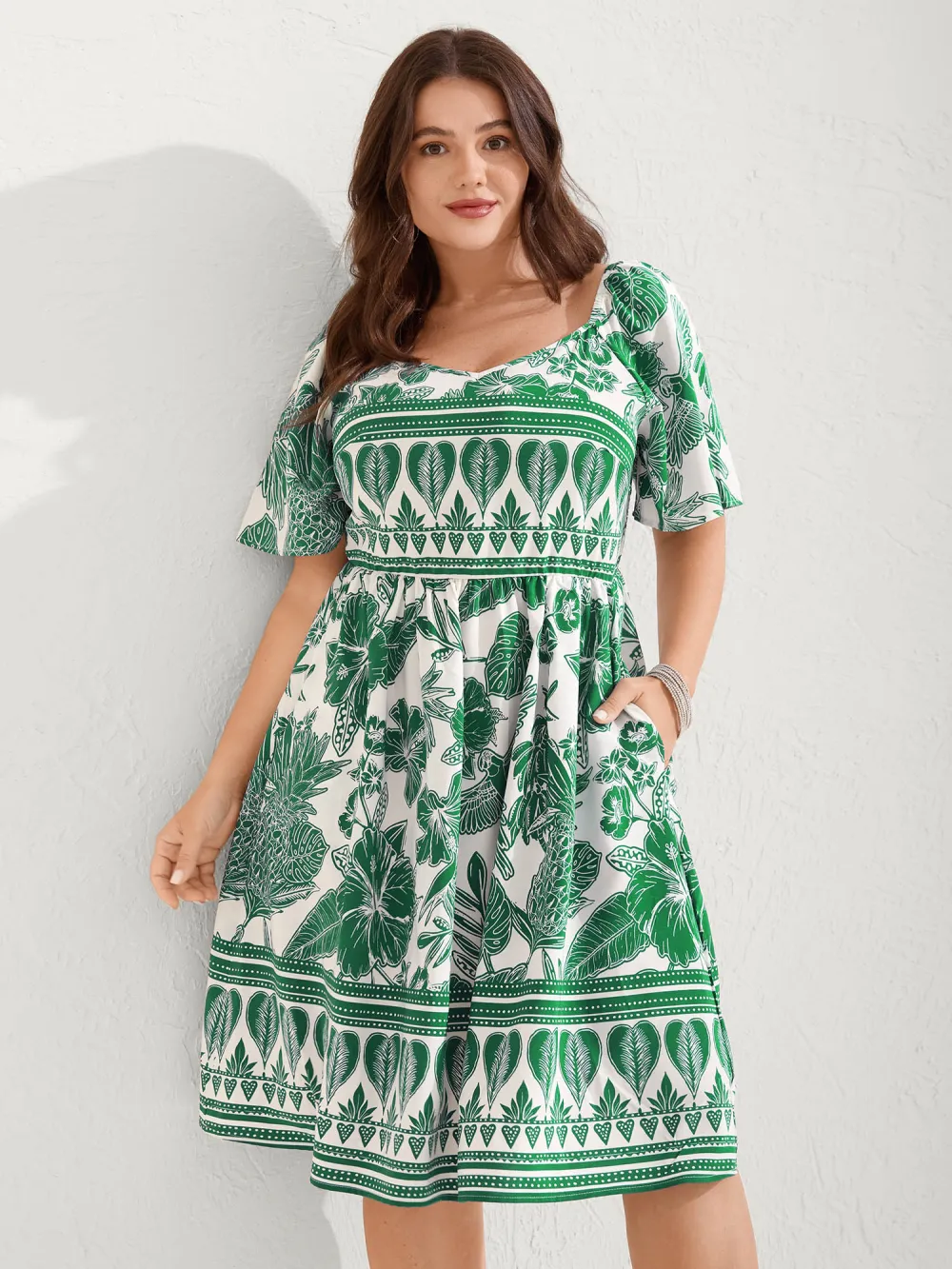 Boho Print Fit Flare Pockets Midi Dress