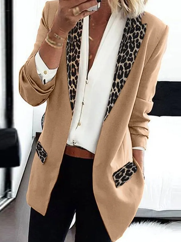 Lapel Collar Long Sleeve Leopard Regular Loose Blazer For Women
